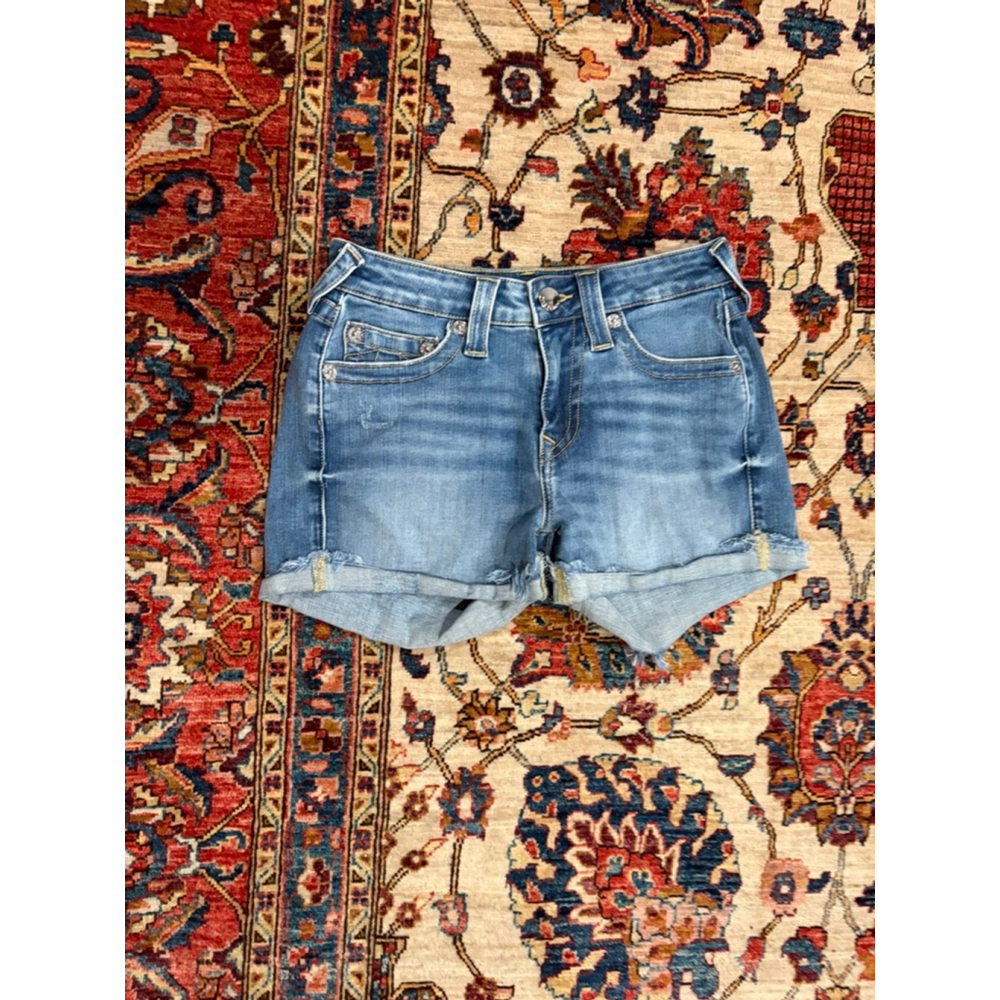 True Religion Jennie Curvy Mid Rise Denim Shorts Size 26 Blue Distressed Fold He